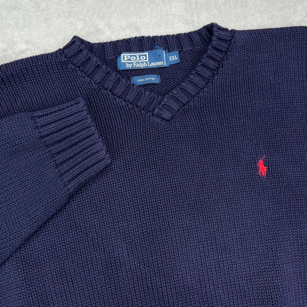Vintage Polo Ralph Lauren Sweater Mens 2XL Navy Blue‎ Heavy Knit V Neck Preppy